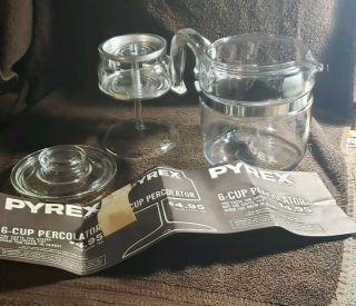 Vintage Pyrex Flameware 6 Cup Percolator Coffee Maker Clear Glass Pot Receipt