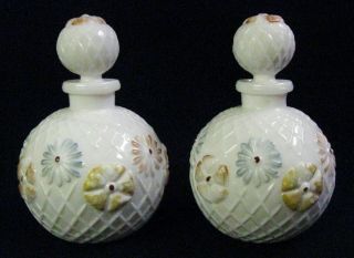 Scarce Pair Antique Circa 1902 Eapg “cosmos” Pattern Milk Glass Cologne Bottles