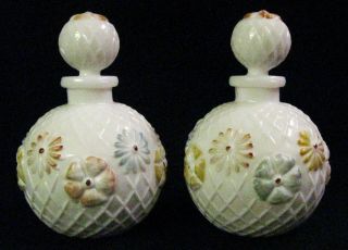 SCARCE PAIR Antique circa 1902 EAPG “Cosmos” Pattern Milk Glass Cologne Bottles 2