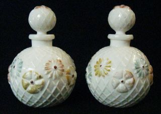 SCARCE PAIR Antique circa 1902 EAPG “Cosmos” Pattern Milk Glass Cologne Bottles 3