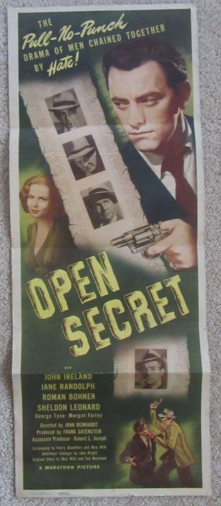 Open Secret 1948 Insrt Movie Poster Fld John Ireland Jane Randolph Vg