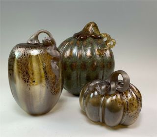 3 Hand Blown Art Glass Decorative Pumpkins