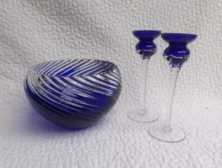 3pc Cobalt Blue Cut To Clear Glass Crystal Bowl/rose Bowl/vase & Candlesticks