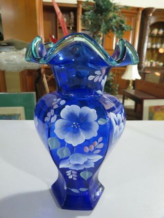 Fenton Signed Hand Painted Art Glass Opaque Blue Color Vase 9.  5 Inches Signed
