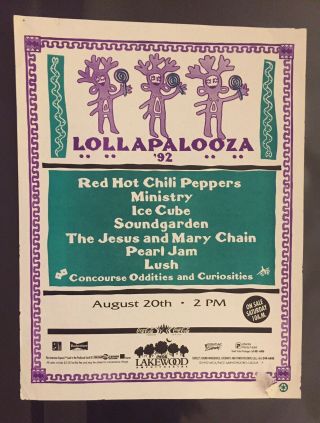 1992 Lollapalooza Poster Chili Peppers Pearl Jam Soundgarden Ice Cube