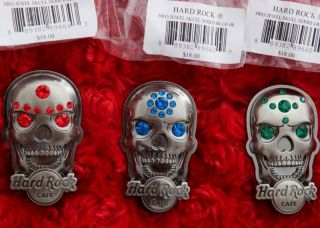 3 Hard Rock Cafe Pins Set Online 3d Jeweled Skull Gem Stone Le75 Pewter Logo