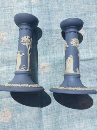 Pair Antique C1900 Wedgwood Blue & White Pottery Candlesticks Holders