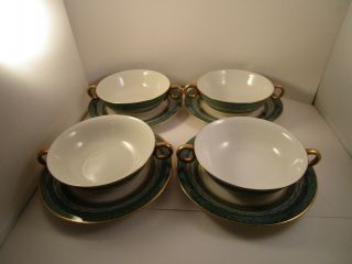 Vintage Theodore Haviland Ny Green Mosaic Set Of 4 Cream Soup Bowls & Saucers