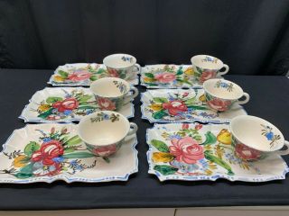 Set Of 6 Vintage Italian Art Pottery Hand Painted Snack / Lunch Plate & Cup