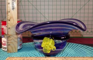 Vintage Murano Hand Blown Glass Blue Swirl Hat Vase With Applied Band & Flower