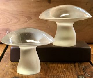 2 Vintage Viking Glass Mushroom Paperweights Clear - Satin Frosted Art Glass Decor