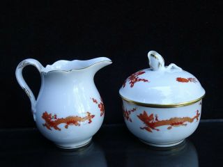 Antique Meissen " Red Court Dragon " Miniature Creamer & Covered Sugar Bowl