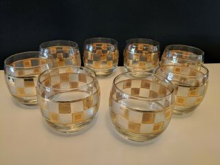 Vintage Mid Century Modern Roly Poly Rocks Glasses Frosted White And Gold Set 8