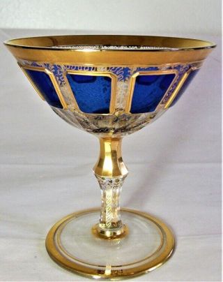 Bohemian Moser Art Glass Cobalt Blue Cabochon Champagne Stem.