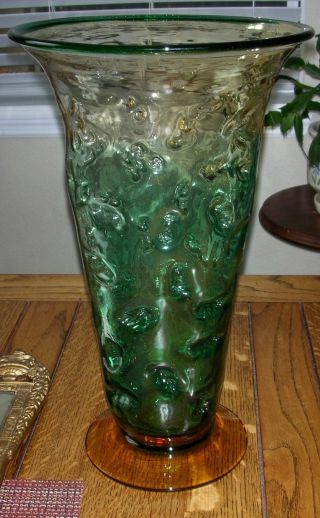 Blenko Art Glass 14.  25 " Tall Hank Adams Vase Green Signed C2003