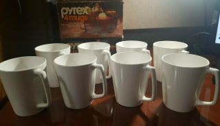 8 Corning Centura Pyroceram White Coupe D Handle 4 " Tall Coffee Mugs - Vintage