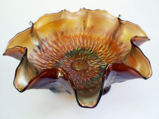 Vintage Amber Iridescent Carnival Glass 8 1/2 " Ruffled Bowl Sunflower/meander