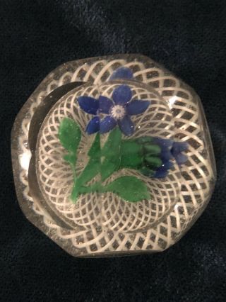 Vintage Faceted Paperweight With Sculptured Flower On Bed Of Latticino