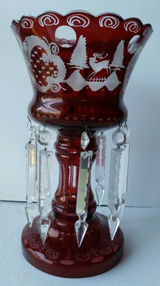 Vtg / Antique Bohemian Ruby Red Mantle Lustre With 8 Cut Crystal Prisms 12 " Tall