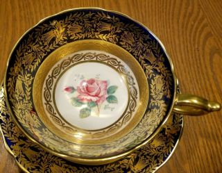 Paragon Pink Cabbage Rose Cobalt Blue Heavy Gold Gilt Tea Cup And Saucer