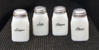 4 Vintage Deco Mckee Roman Arch Milk Glass Shakers Salt,  Pepper,  Sugar,  Flour