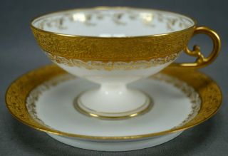 Jean Pouyat Limoges Gold Encrusted Floral Pedestal Tea Cup & Saucer C.  1890 - 1910