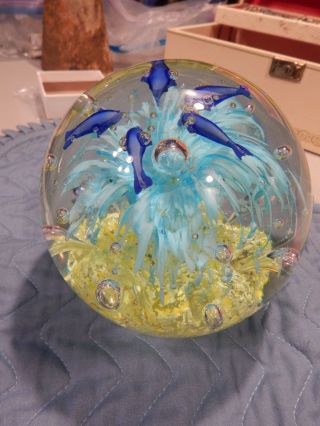 Extra Large Hand Blown Glass Paper Weight - Dolphins/nautical