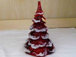 Fenton Ruby Red Christmas Tree 6 1/4 " Tall Gold Bird/partridge On The Tree