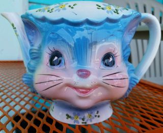 Lefton Miss Priss Kitty Cat Teapot Vintage Kitsch Ceramic Blue Pink 1950s Anthro