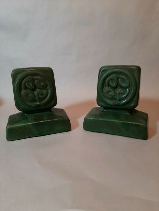 Vintage Rare Old Matte Green Mid Century Modern Art Pottery Bookends Grueby Clay