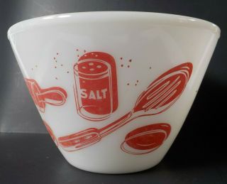 Fire King Milk Glass Red Kitchen Aids Mixing Bowl Vintage Utensil Print