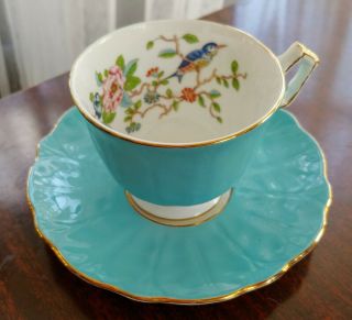 Vintage Aynsley Pembroke England China Tea Cup & Saucer Aqua Blue Floral Bird