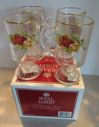 Set Of 4 Royal Albert Doulton Old Country Roses Irish Coffee Mugs Glasses