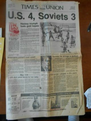 2/23/1980 Complete Albany Ny Times Union Usa Beats Soviets 4 - 3 Olympic Hockey Nr