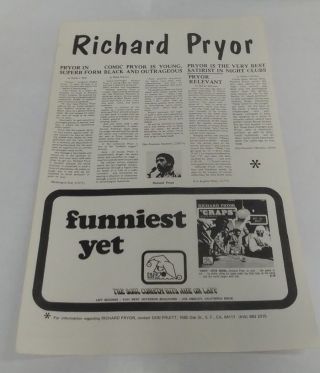 Very Rare Richard Pryor 1971 Promo Advertisement Poster Flyer Craps Funniest Yet