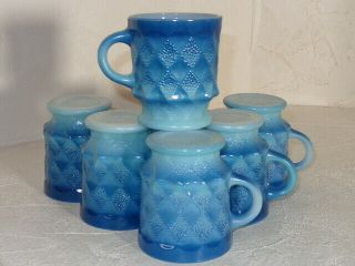 7 Vintage Fire King Blue Kimberly Diamond Point Stackable Mugs