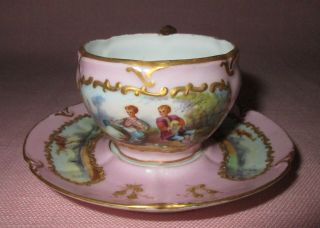 Antique 19th C Sevres French Porcelain Demitasse Gilded Couple Cup & Saucer