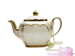 Sadler Cube Teapot Large White And Gold Gild English Porcelain