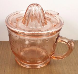 Pink Depression Glass Reamer & Measuring Cup Vintage Rose 2 Piece Orange Juice
