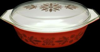 Pyrex Golden Poinsettia Red Christmas Casserole Dish With Lid 2.  5 Qt 1961