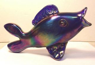 Gibson Art Glass Hand Blown Iridescent Cobalt Carnival Fish Signed/numbered