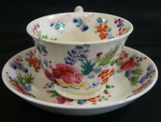Hand Painted Floral Overglaze Enamel Soft Paste Tea Cup & Saucer C.  1830s - 40s