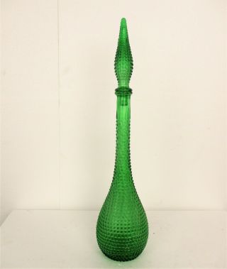 Vintage Mcm Italian Empoli Glass Genie Bottle Green Diamond Hobnail Stopper