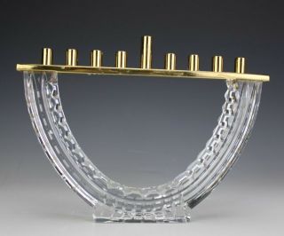Signed Waterford Crystal Gilt Brass Jewish Judaica Hanukkah Candleholder Menorah