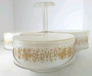 Corelle Butterfly Gold 3 Bowl Condiment Server Lazy Susan Stand Set Gemco