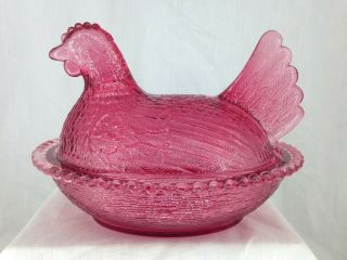 Indiana 7 Inch Cranberry Red Glass Hen On Nest Covered Candy Dish