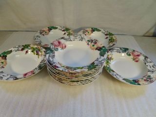 Set Of 12 American Atelier Rose Toile Soup Bowls