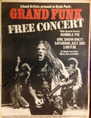 Grand Funk Railroad Humble Pie Hyde Park One Show Only Rock N Roll Huge 1971 Ad