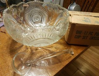 L E Smith Glass Pinwheel & Star Slewed Horseshoe Punch Bowl & 12 Cups & Ladle