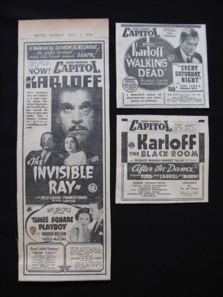 Boris Karloff 1936 Orig Movie Advertising Invisible Ray Walking Dead Black Room